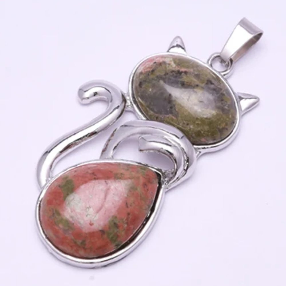 Unakite Natural Stone Cute Cat Pendant Necklace - Picture 2 of 4